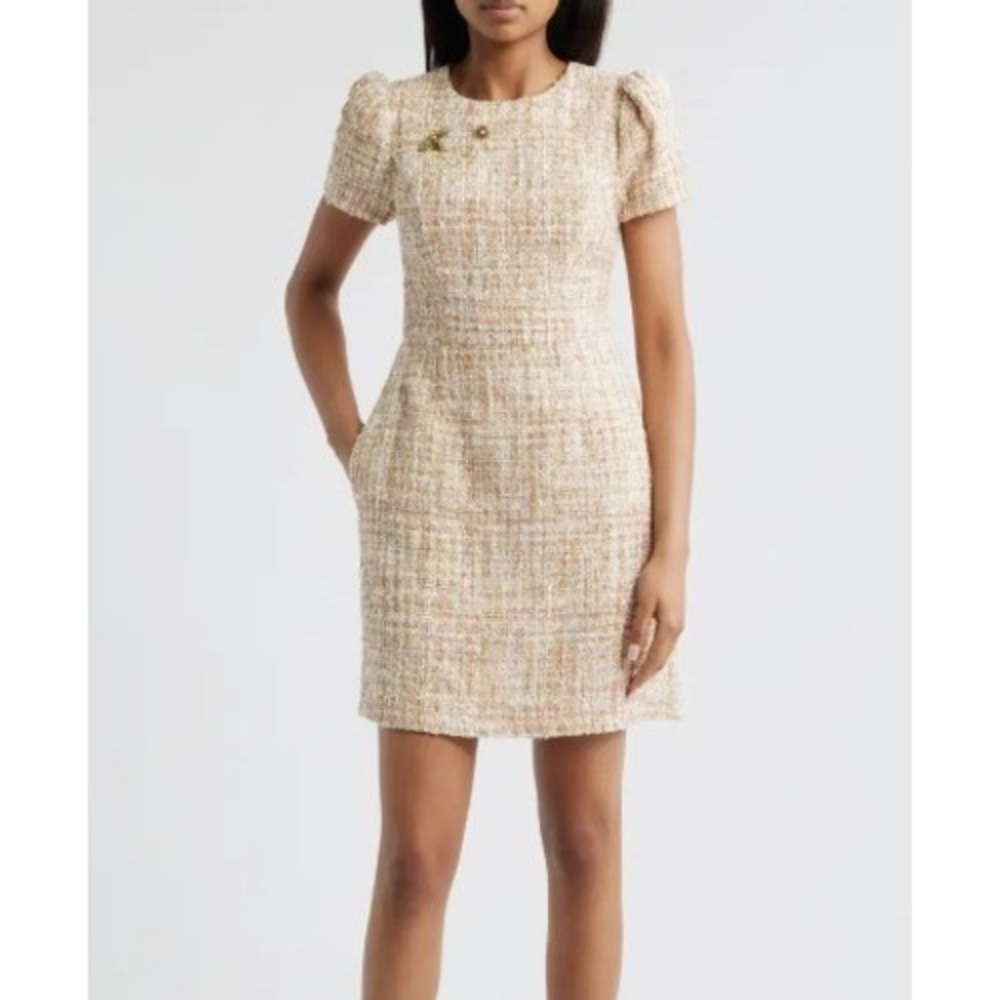 Vince Camuto Tweed Mini Dress Womens 6 Pink‎ Gold Metallic Puff Sleeve Party
